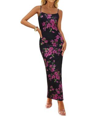 Women’s Pink Black Floral Bodycon Maxi Square Neck Boho Beach Summer Long Dress